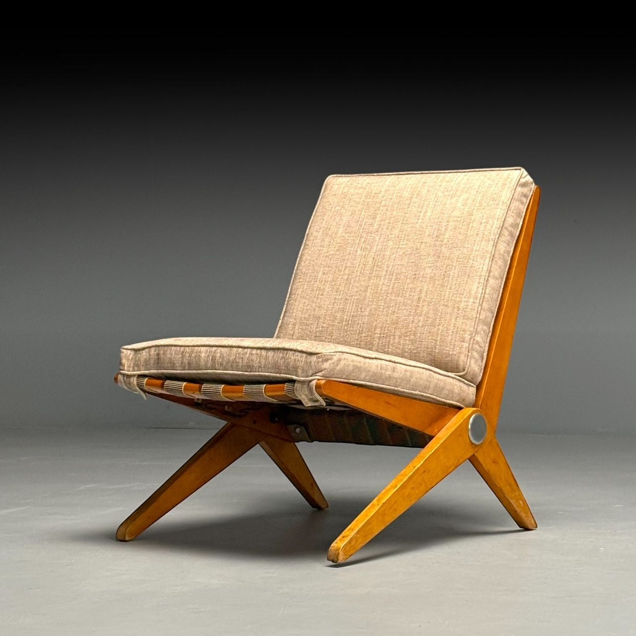 Pierre Jeanneret, Knoll, Mid-Century Modern, Scissor Chairs, Tan Linen, 1950s