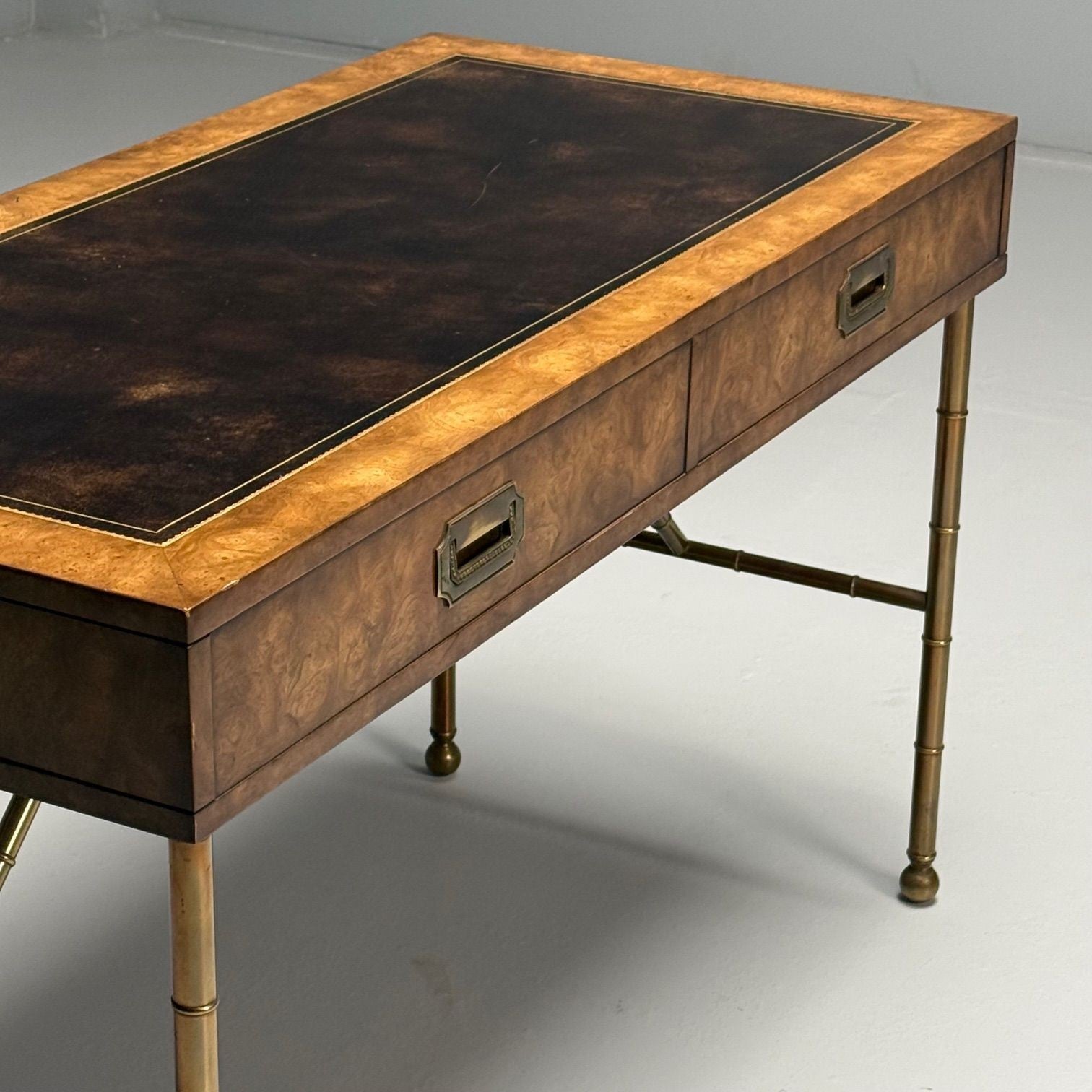 Mastercraft, Mid-Century Modern, Writing Desk, Burlwood, Brass, Leather, 1950s