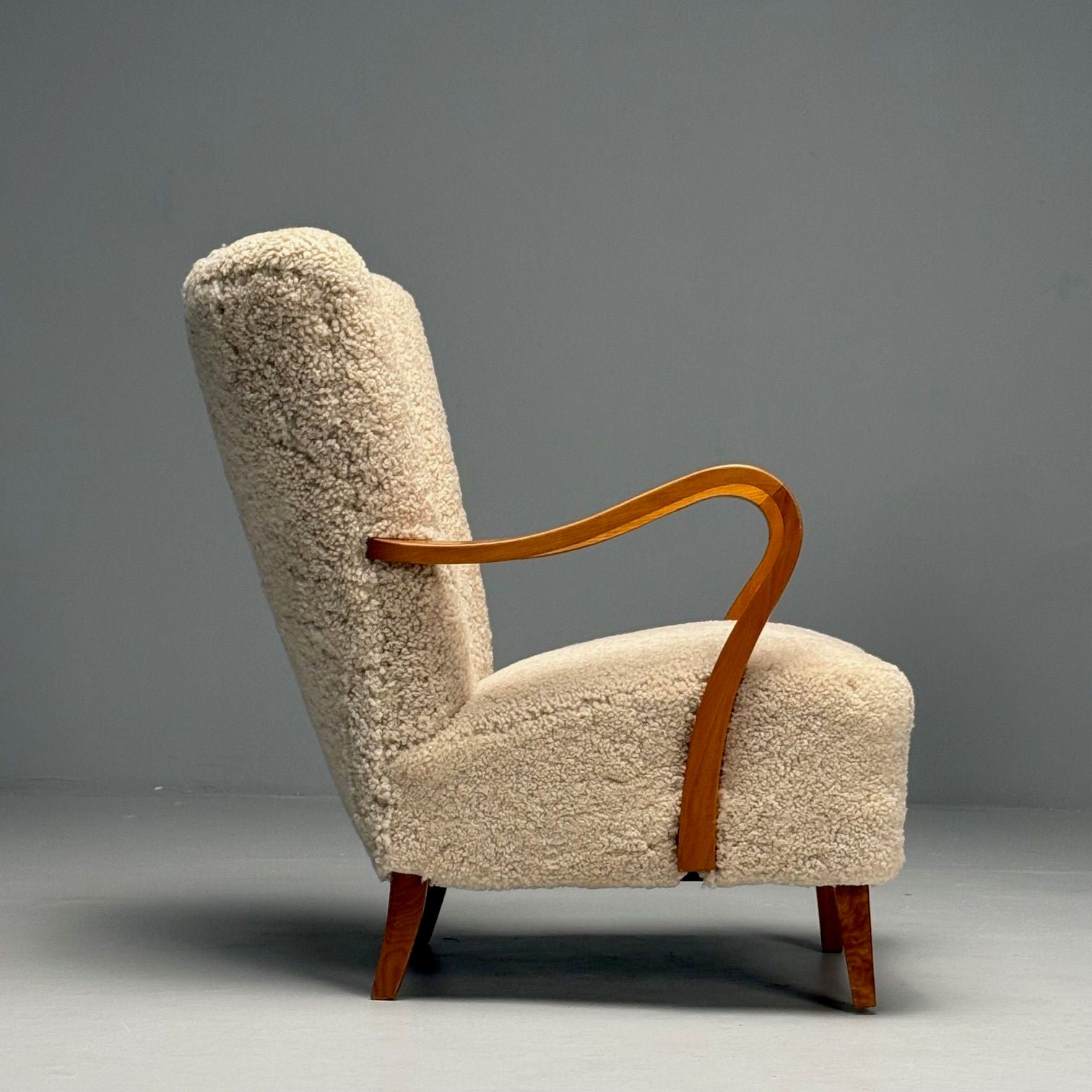 Swedish Mid-Century Modern, Lounge Chairs, Beige Sheepskin, Oak, Sweden, 1940s