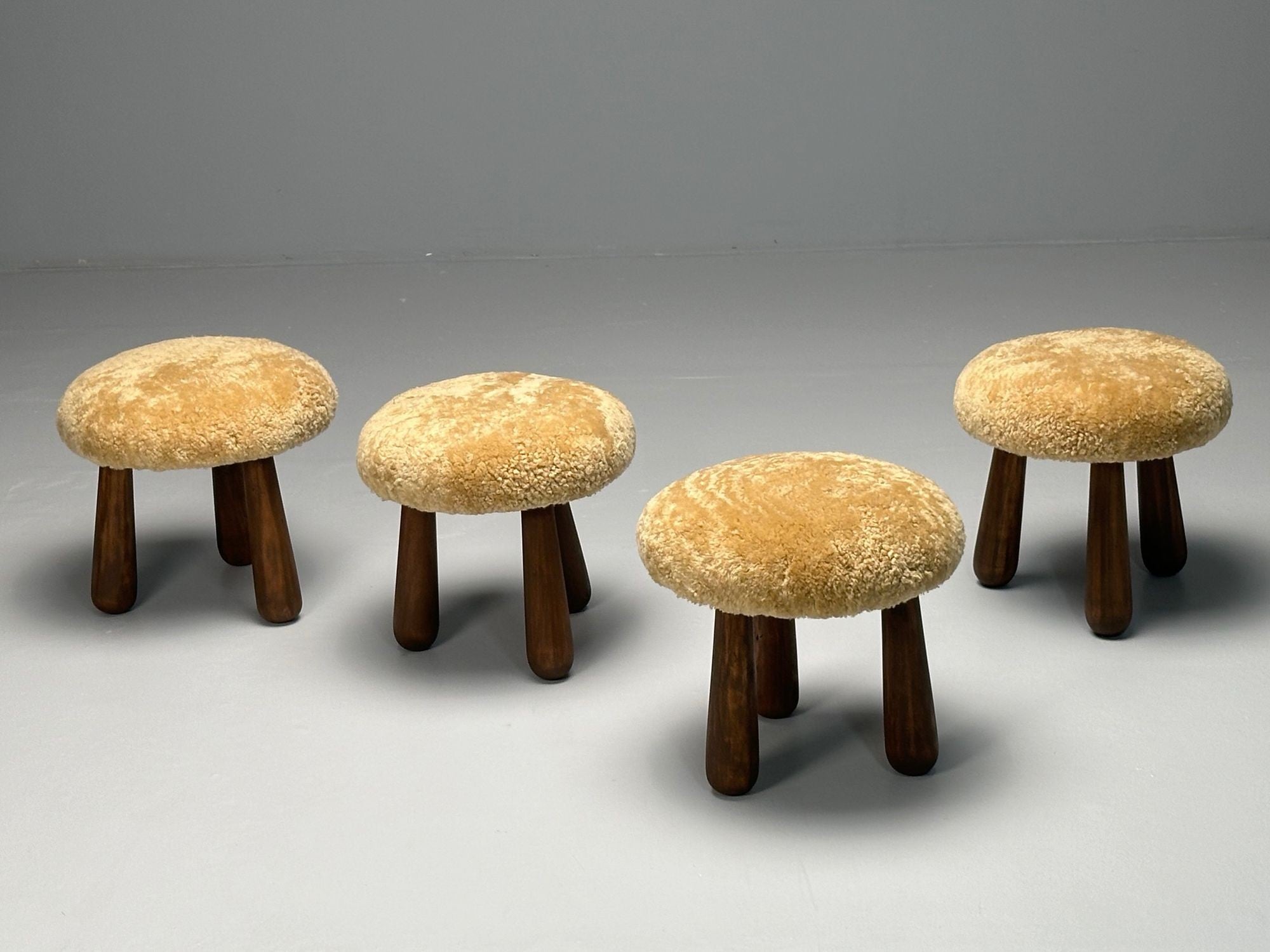 Contemporary, Danish Modern, Sheepskin Stools, Honey Shearling, Maple