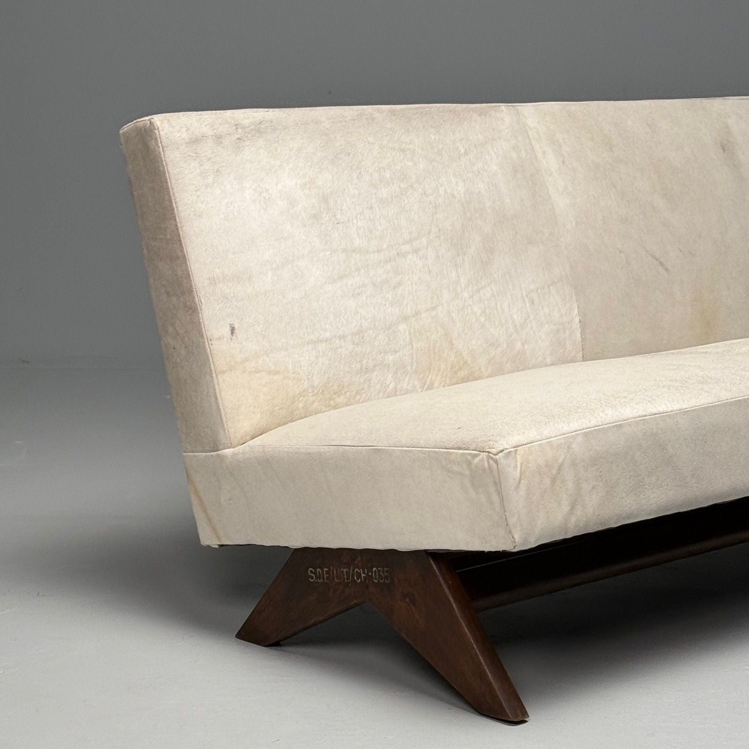 Pierre Jeanneret, French Mid-Century Modern, Fireside Sofa, Teak, White Cowhide