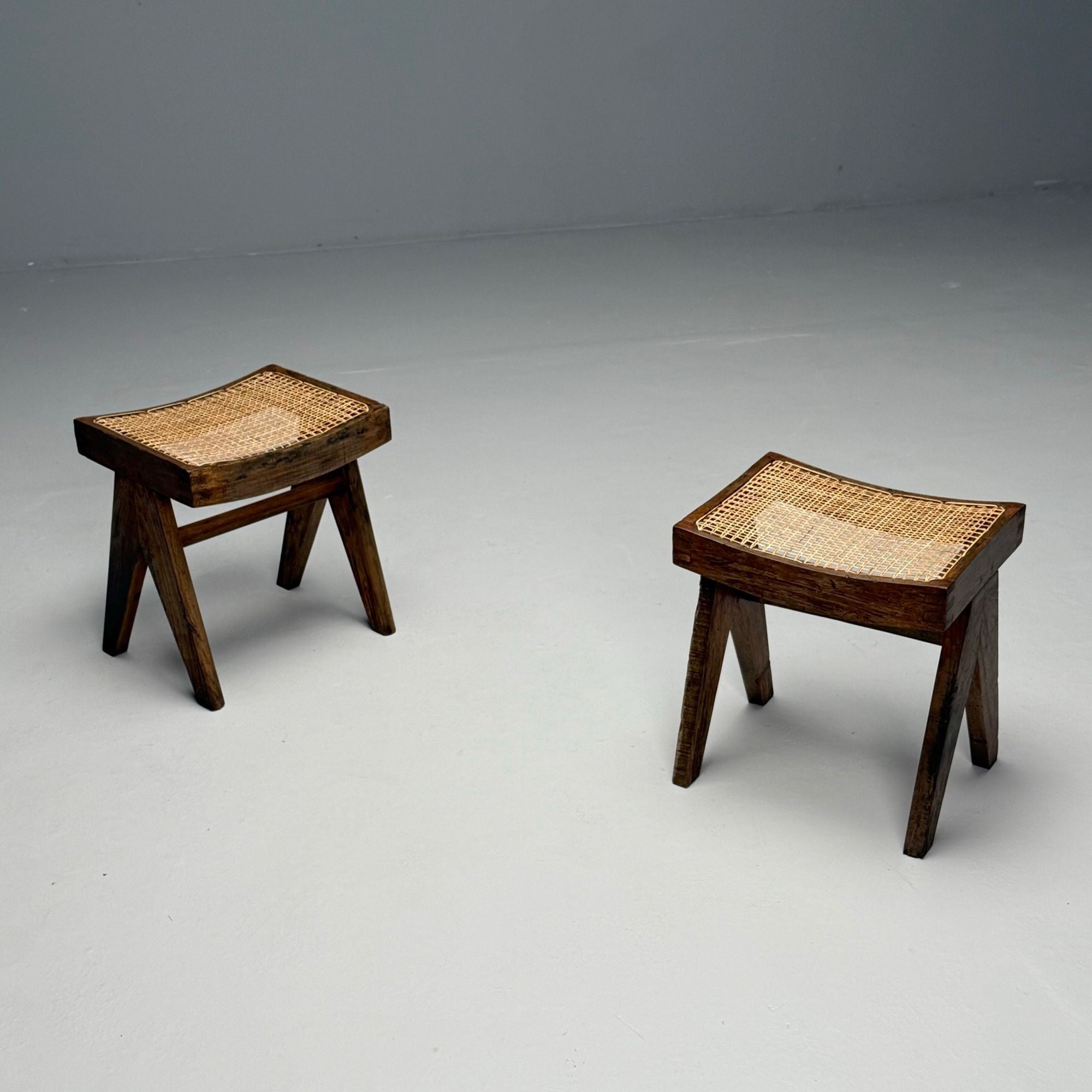 Pierre Jeanneret, French Mid-Century Modern, Footstools, Teak, Cane, Chandigarh