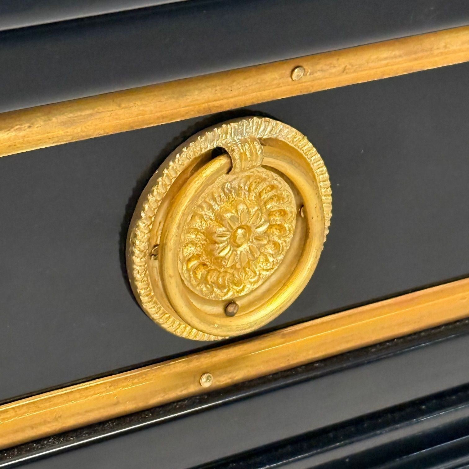 Louis XVI Style, Hollywood Regency, Sideboard, Black Lacquer, Marble, Bronze