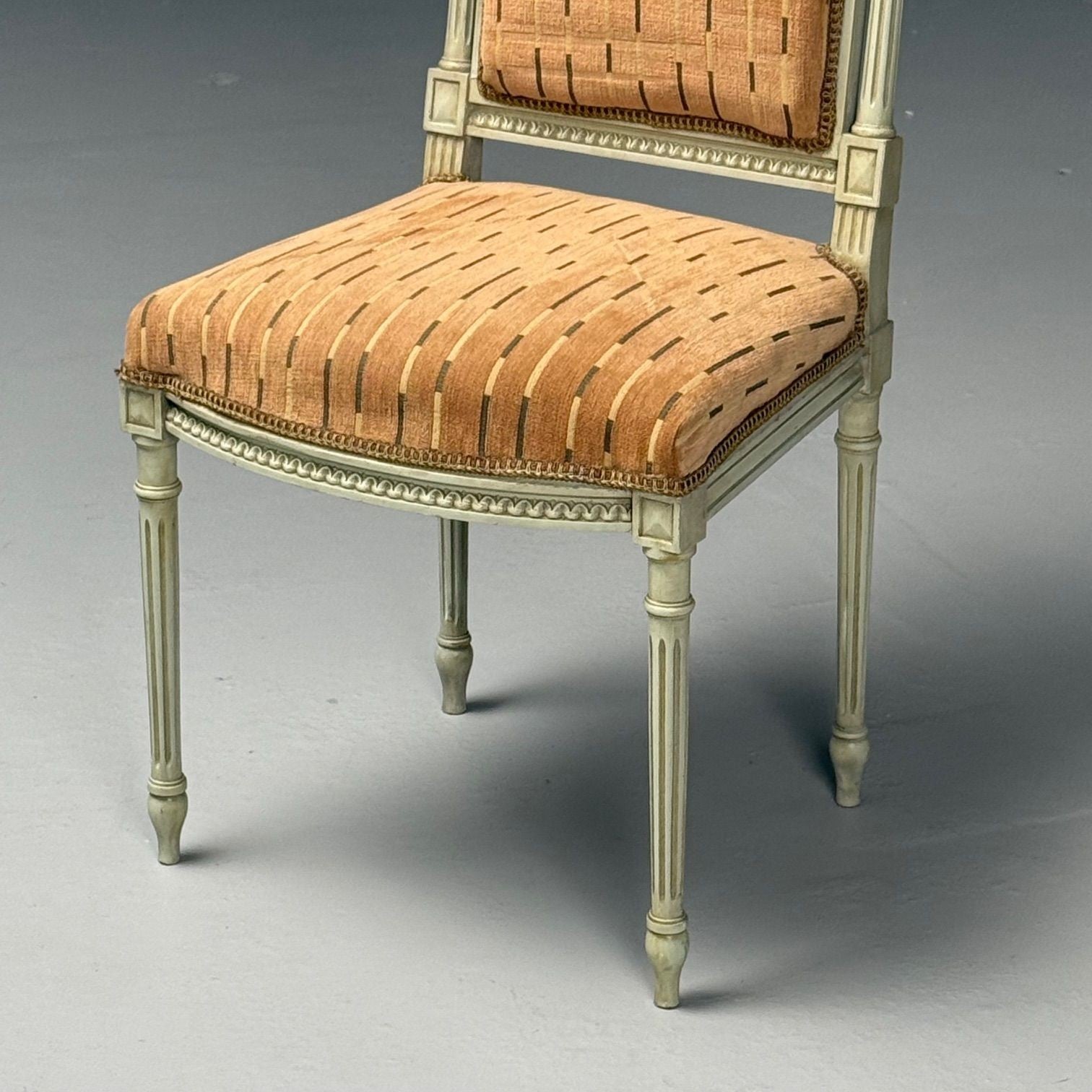 Swedish Louis XVI Style, Ten Dining Chairs, Grey Carved Wood, Fabric, 20th C.