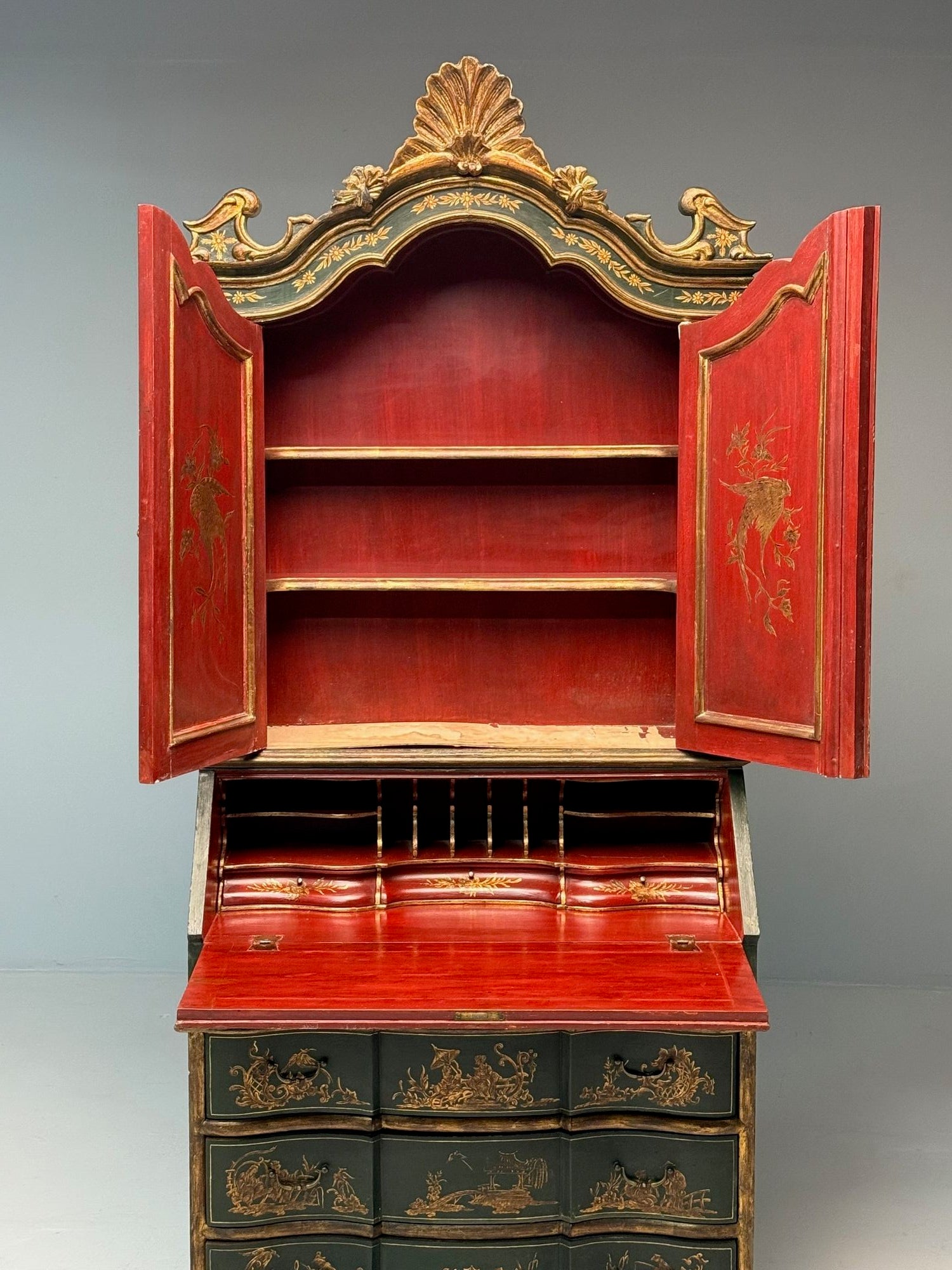 George I Style, Chinoiserie, Green-Japanned Desk, Bookcase, Parcel-Gilt, 1920s