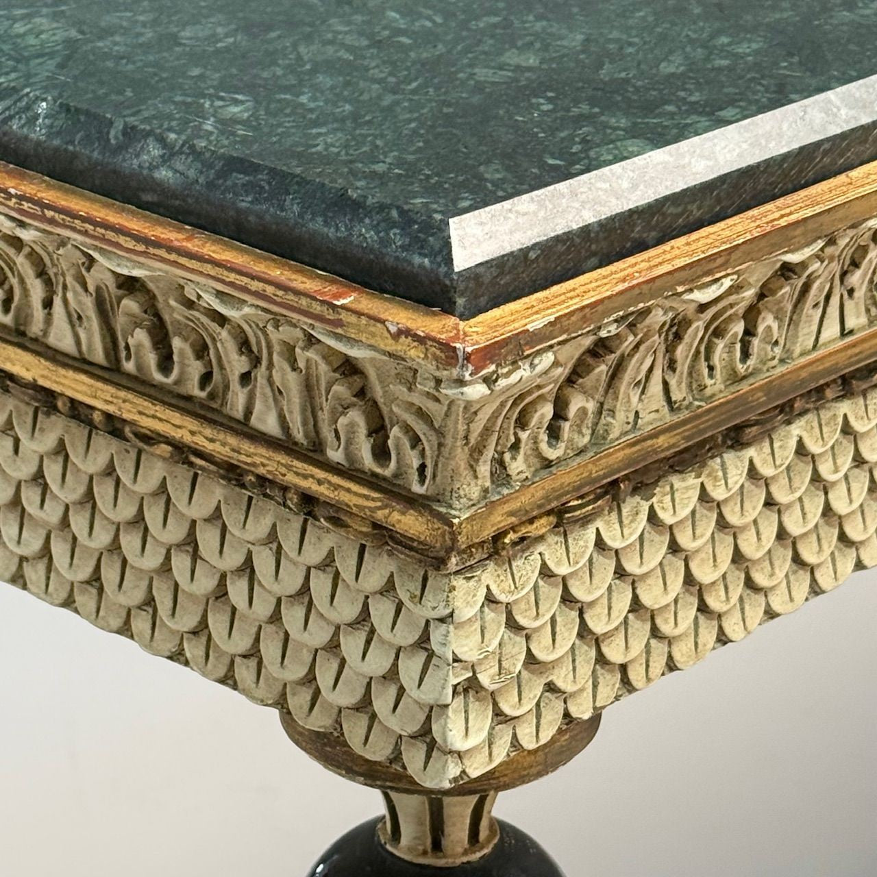 Maison Jansen Neoclassical Style Console Tables, Carved Wood, Green Marble