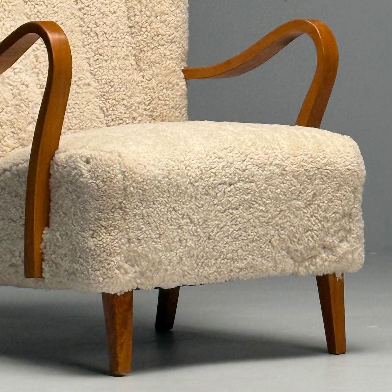 Swedish Mid-Century Modern, Lounge Chairs, Beige Sheepskin, Oak, Sweden, 1940s