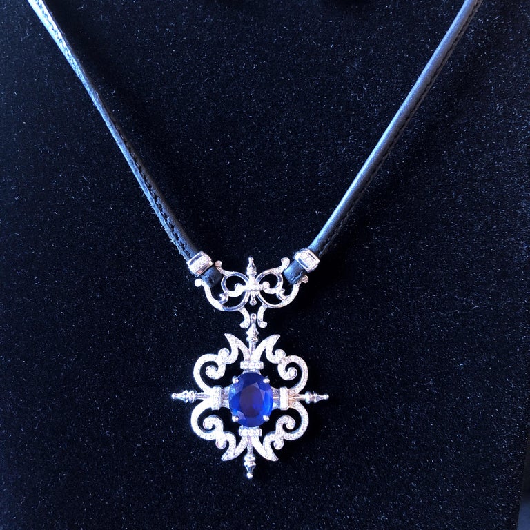 Paul Morelli Garden Gate Sapphire on Leather Necklace in White Gold