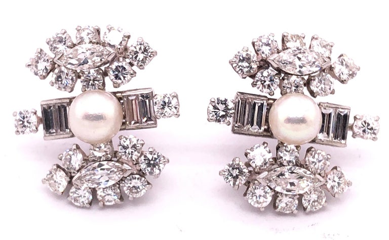 18 Karat White Gold Fancy Diamond Earrings with Pearl