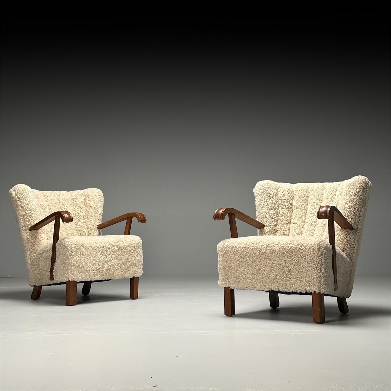 Danish Cabinetmaker, Mid-Century Modern, Lounge Chairs, Shearling, Beech, 1940s