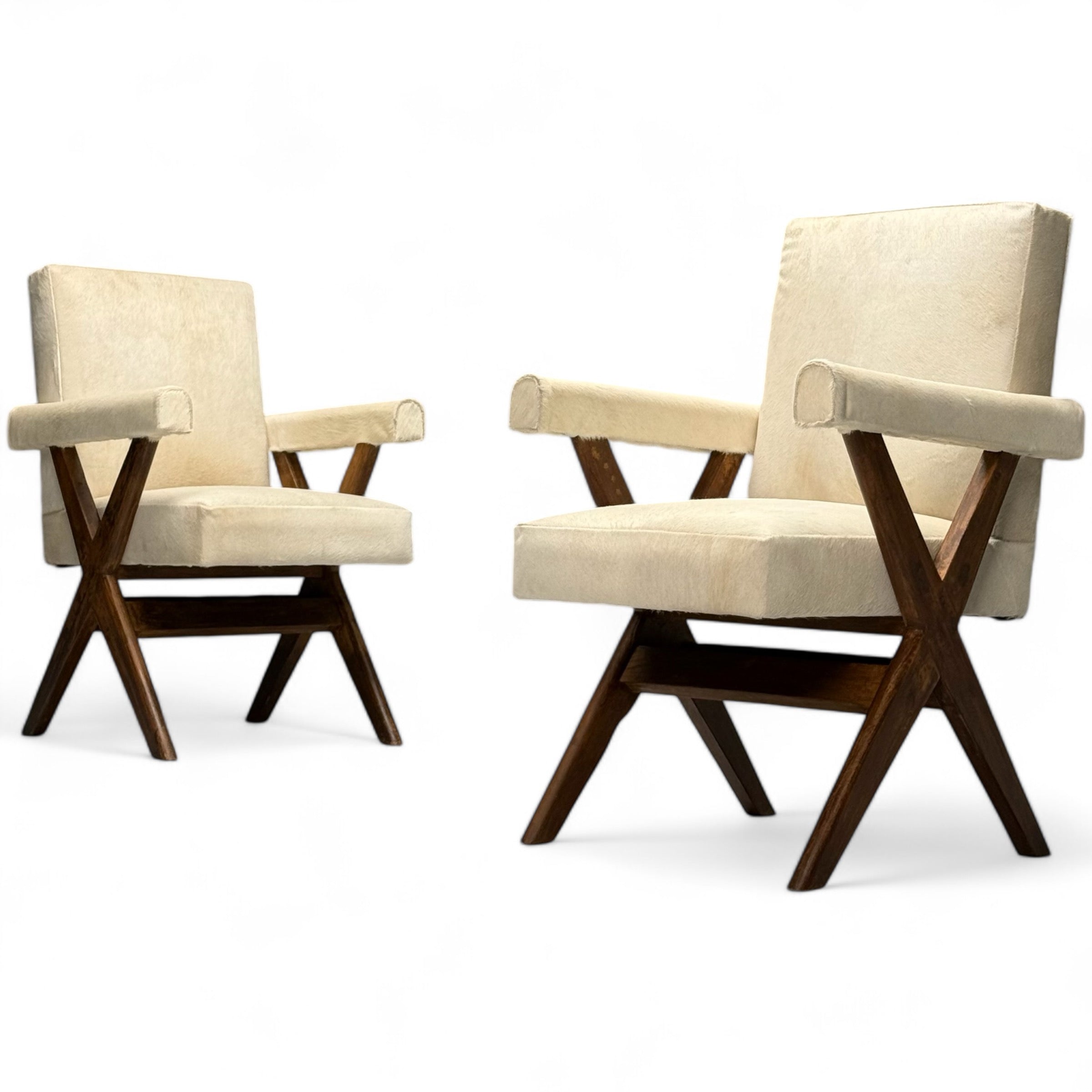 Pierre Jeanneret, French Mid-Century Modern, Upholstered Arm Chairs, Cowhide