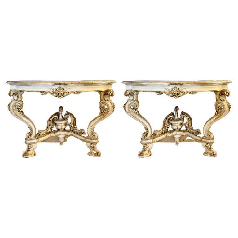 Pair of Italian Parcel Paint and Gilt Decorated Faux Marble-Top Console Tables