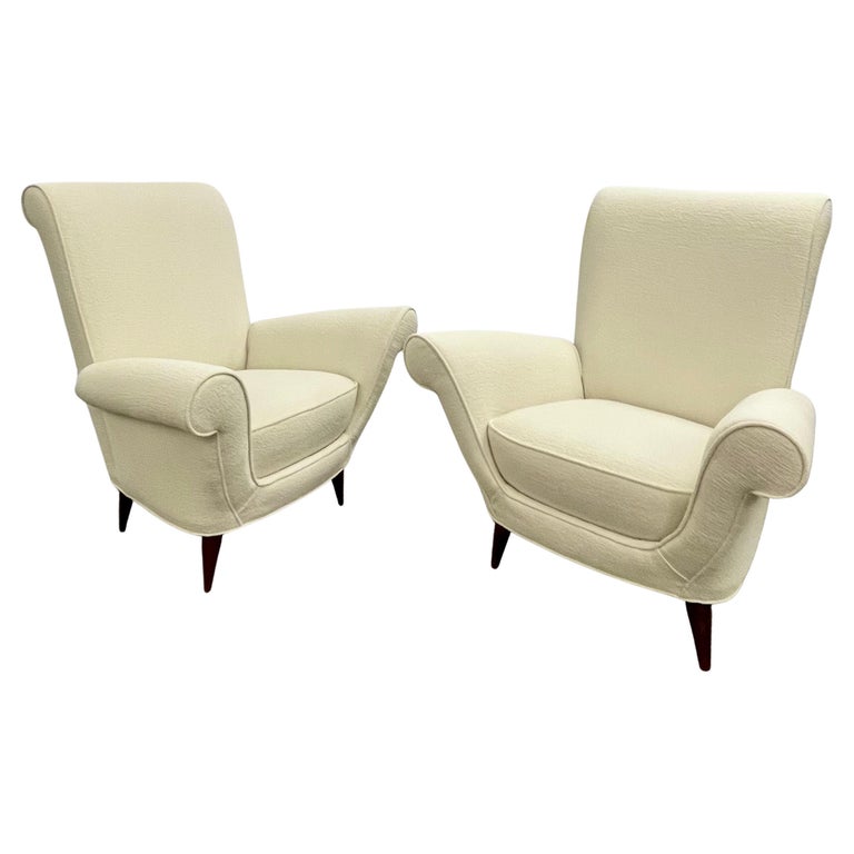 Paolo Buffa Style, Mid-Century Modern, White Bouclé, Lounge Chairs