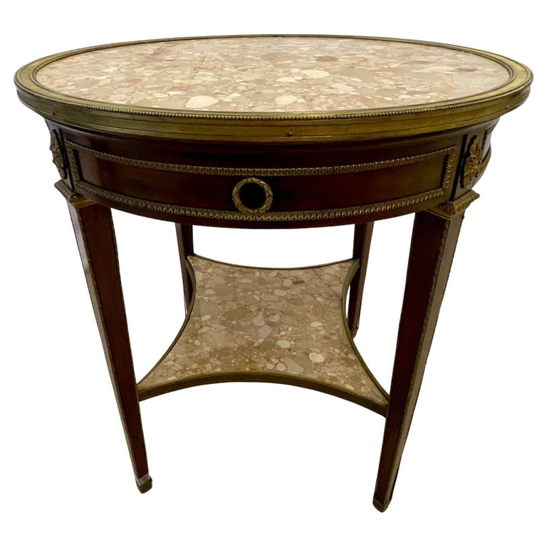 French Mahogany Louis XVI Style Marble Top Bouillotte Table, Bronze Mounted