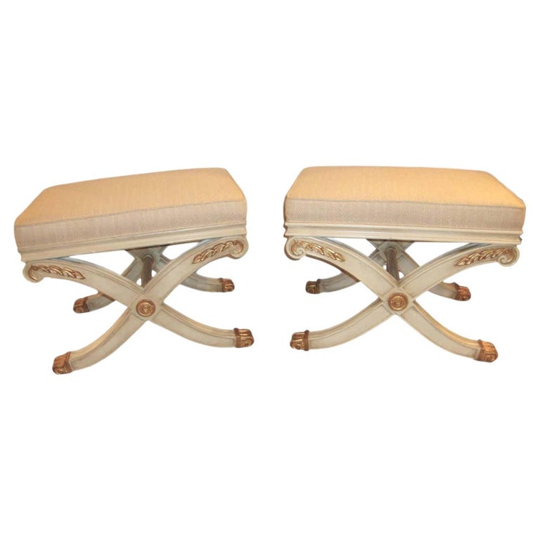 Pair of Maison Jansen Style X-Form Benches or Footstools Ivory And Parcel Gilt