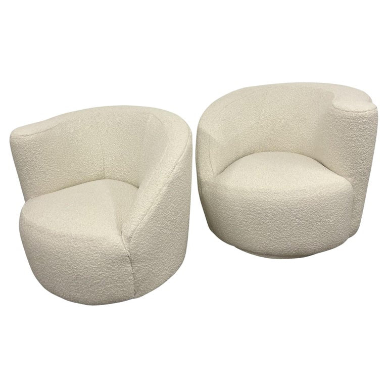 Mid-Century Modern Vladimir Kagan Nautilus Style Swivel Lounge Chairs, Bouclé