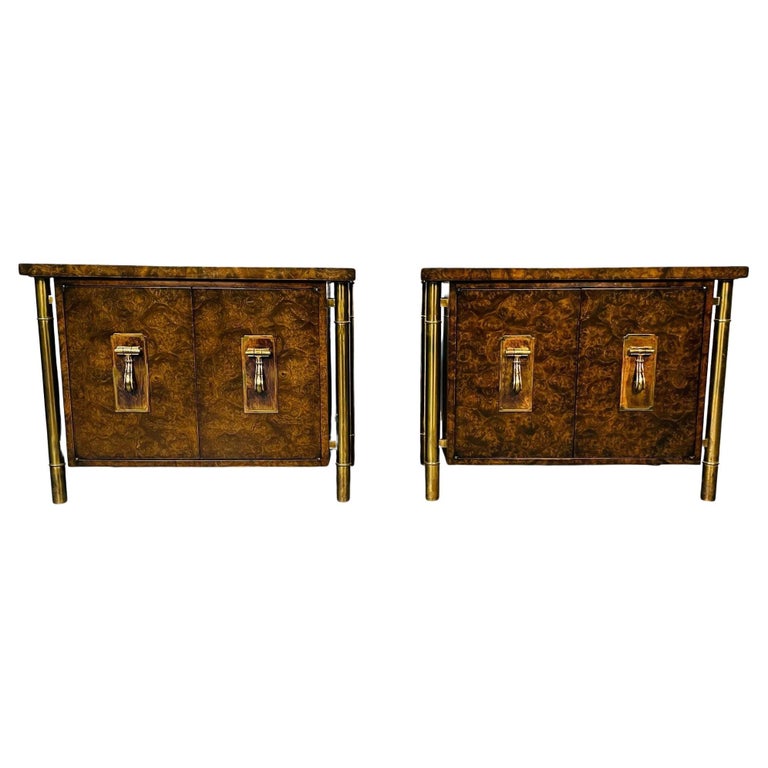 Pair Mid-Century Modern Mastercraft Nightstands, Floating Cabinets in Elm, Brass