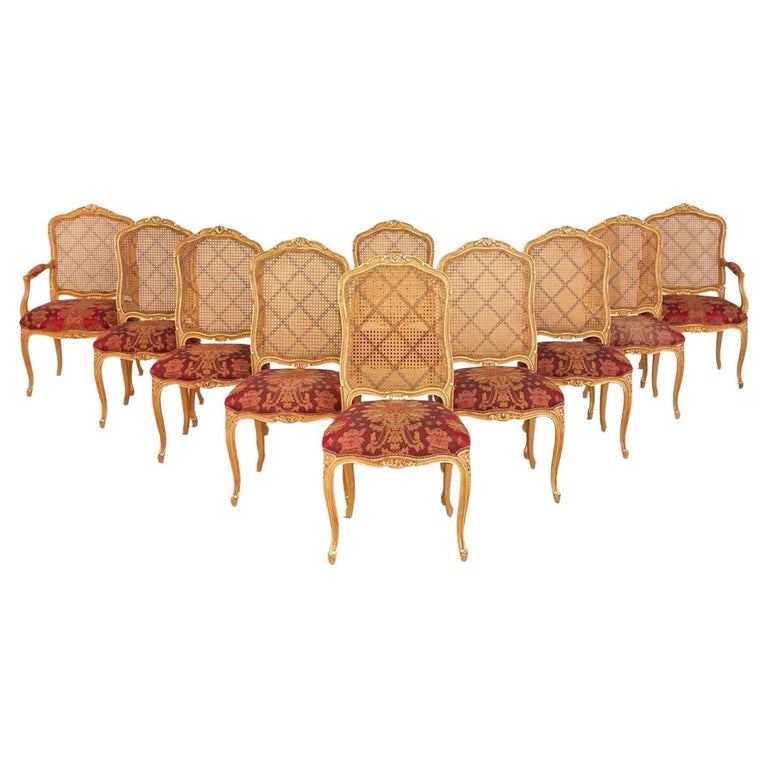 Set of Ten Louis XV Style Dining / Side Chairs, Clayed Gilt and Cane, French