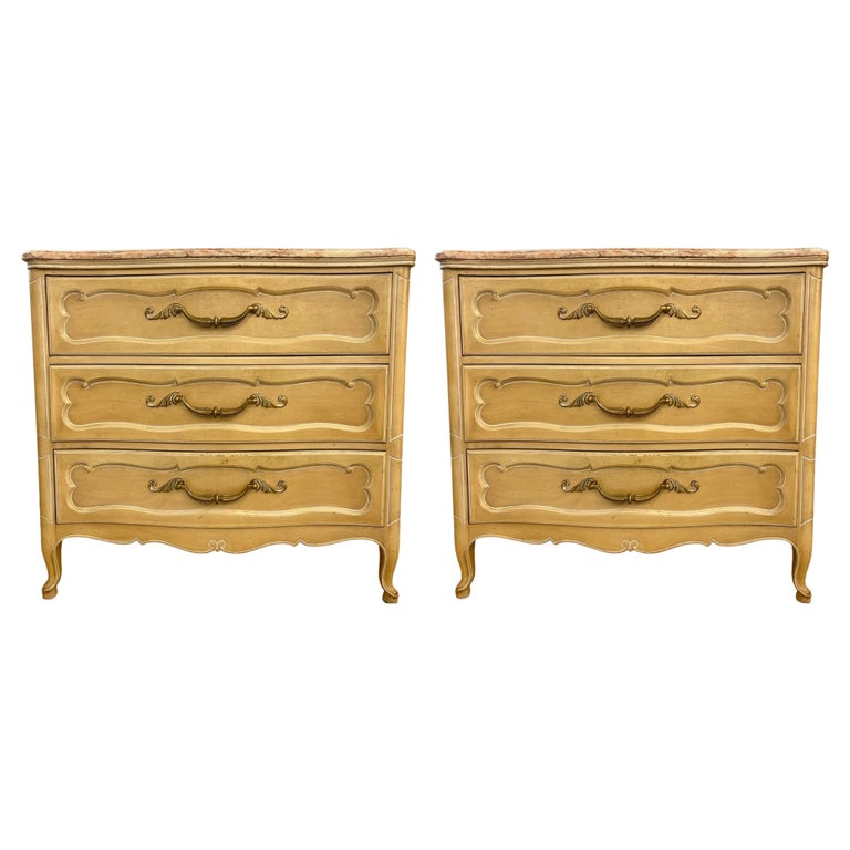 Pair Of Louis XV Style Grosfeld House Marble-Top Distressed Four-Drawer Commodes