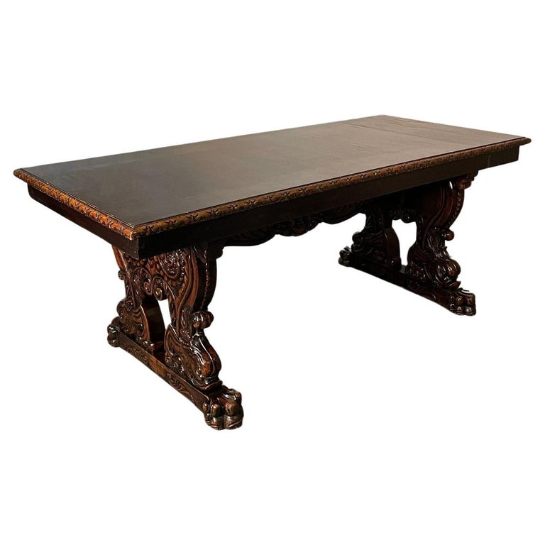 Renaissance Carved Dining Center Table, Dolphin Claw Foot Base, 19th Century