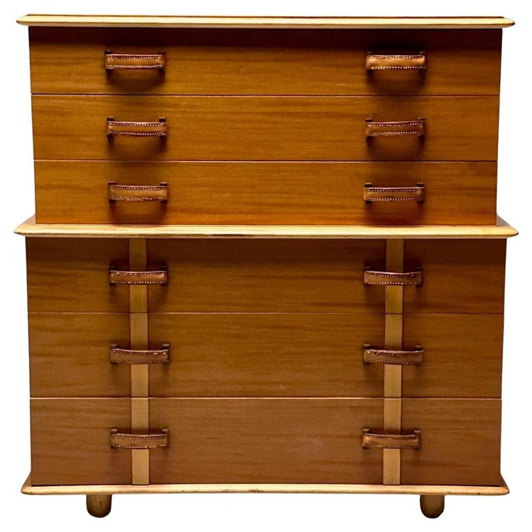 Paul Frankl, John Stuart, Mid-Century Modern Dresser, Mahogany, Leather, Brass