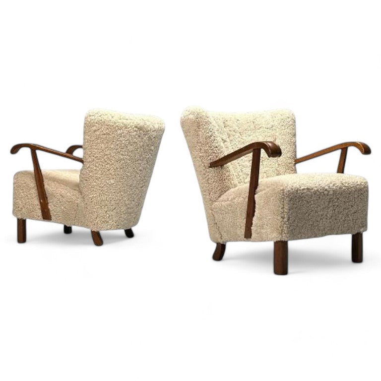 Danish Cabinetmaker, Mid-Century Modern, Lounge Chairs, Shearling, Beech, 1940s