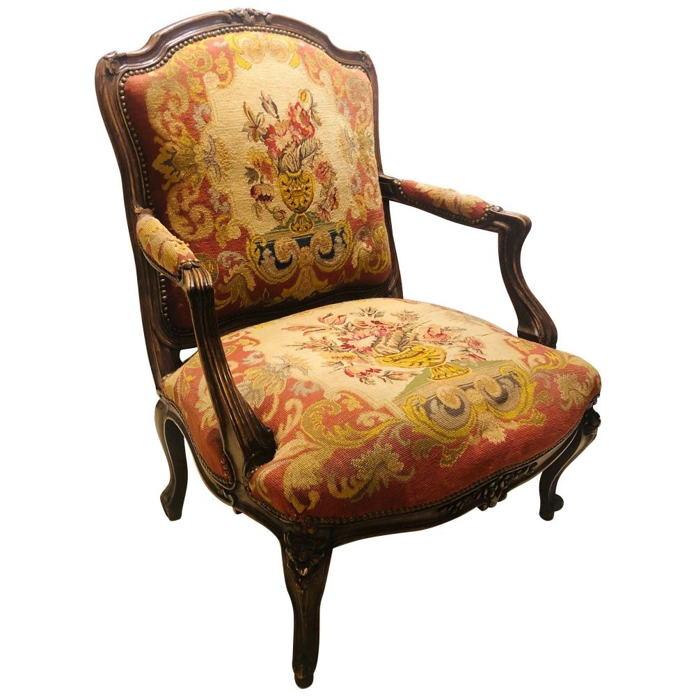 French Antique Louis XVI Style Chair Needlepoint & Petit Point