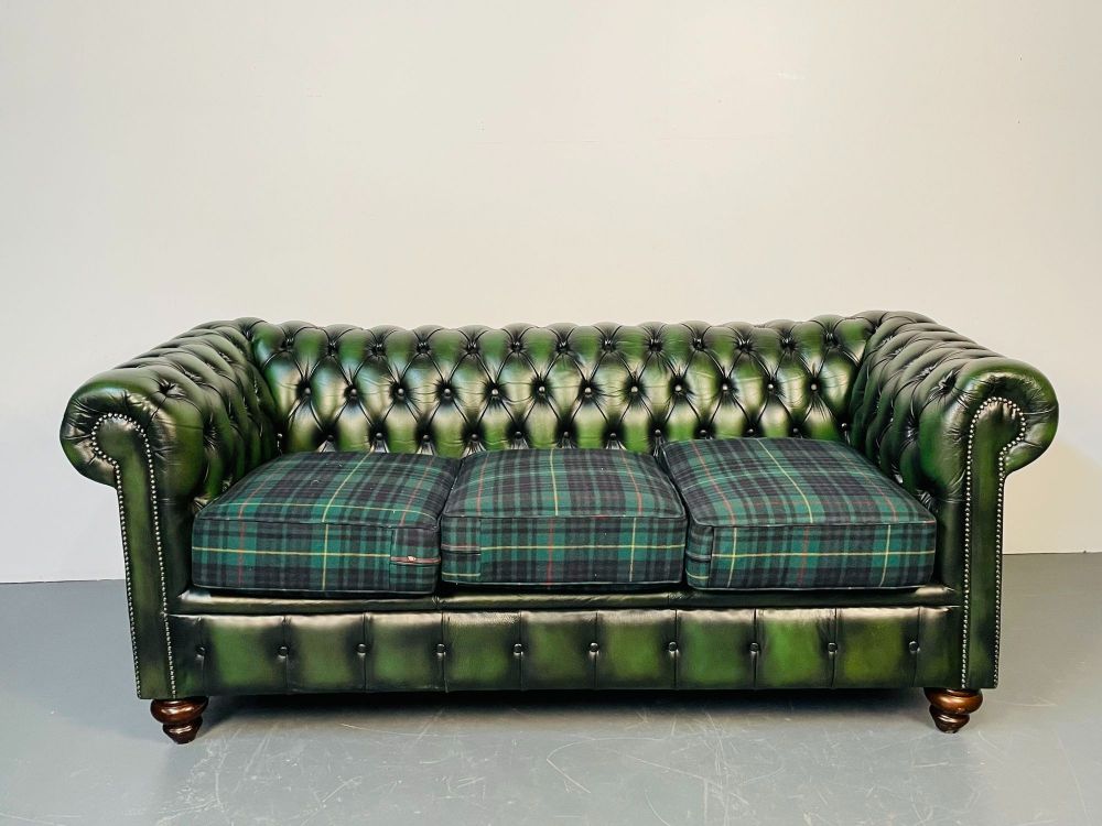Green Leather Chesterfield Sofa, Settee, Ralph Lauren, Fabric Greenwich Living Design